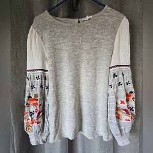 THML Grey Long Puff Sleeve Mixed Media Embroidered Arms Tee Size L